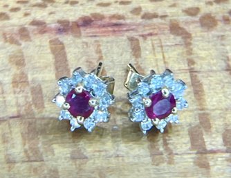 14K Gold - Diamond & Ruby Post Earrings - Total Weight 1.76 Grams