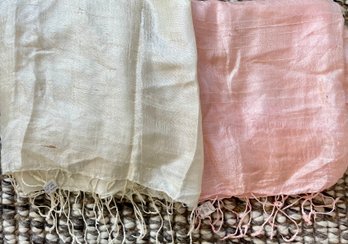2 NWT Handmade Thailand 100 Percent Silk 30' X 64' Scarf - Scarves - Shawl Pink & White