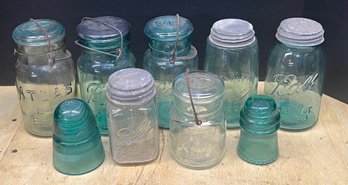 (7) Antique Atlas And Ball Jars With Lids And (2) Glass Insulators  - Hemingray