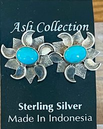 Sterling Silver & Turquoise Flower Earrings Handmade - Total Weight - 6.4 Grams
