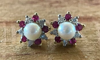 14K Gold - Diamond - Ruby & Pearl Post Earrings - Total Weight 1.67 Grams