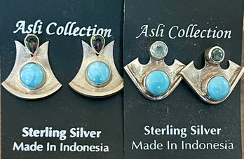 2 Pairs Of Sterling Silver Earrings - Larimar & Rainbow Topaz And Larimar & Blue Topaz - Weight - 15.6 Grams