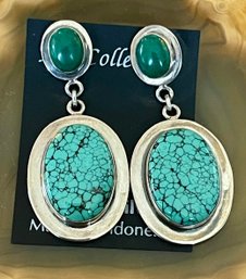 Sterling Silver - Chrysocolla & Turquoise Drop Earrings - Handmade - 23.4 Grams