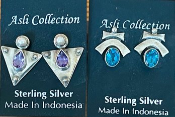 2 Pairs Sterling Silver Earrings - Amethyst & Pearl Post & Blue Topaz Post - Handmade - Total Weight 11 Grams