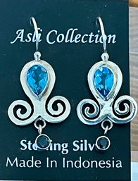 Sterling Silver - Topaz & Sapphire Wire Earrings - Handmade - Total Weight 7.8 Grams