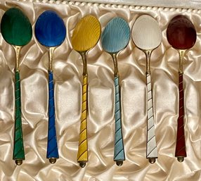 6 Sterling Silver & Guilloche Enamel Denmark Gold Wash Demitasse Spoons In Satin Lined Box