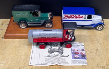 (3) Die Cast Cars, ERTL Texaco 1910 Mack Tank Truck Coin Bank, 1927 Graham Brothers Delivery Truck, & Model T