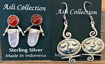 2 Pairs Sterling Silver Earrings-  Moon Face And Carnelian & Rose Quartz Tongue - Total Weight 16.8 Grams