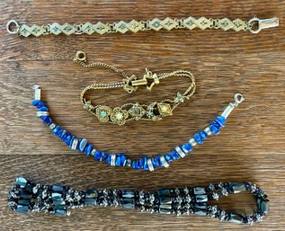 4 Vintage Bracelets - Goldette Charm NY - Warner Gold Tone - Blue Chip Lapis Stone & Hematite Magnet Wrap