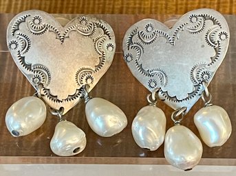Vintage Jean Slifka Sterling Silver Heart And Pearl Earrings - Total Weight 25.1 Grams