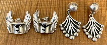 2 Pairs Of Sterling Silver Earrings - Mexico 925 Ball Bead & Sterling Faces W Wings - Total Weight 28.7 Grams