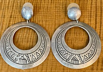 Navajo Troy Laner Sterling Silver Hoop Earrings - Total Weight 21.4 Grams