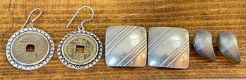 3 Pairs Of Sterling Silver Earrings - Chinese Coin With Sterling Rim - Squares & Horns - Total Weight `18 Gram