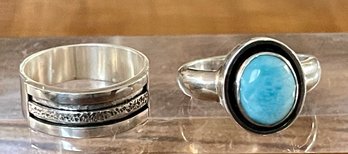 2 Sterling Silver Rings - (1) Textured Band And (1) Larimar Oval Cabochon - Both Size 12 - Weight 16.2 Grams