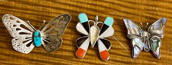 3 Sterling Silver Pins - Zuni Inlay As Is - Mexico Abalone & Turquoise W Pierced Wings