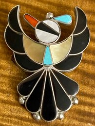 Vintage Zuni Inlay Thunderbird Pin Pendant - Onyx, Turquoise, MOP, & Coral