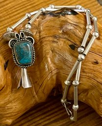 Navajo Sterling Silver 16 Inch Single Squash Blossom Bead And Turquoise Necklace