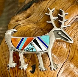 Sterling Silver Rock Kritters Reindeer Inlay Stone Pin, Coral, Turquoise, Lapis