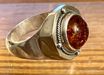 Sterling Silver And Balkan Amber Ring - Size 10.5 - Total Weight - 9.1 Grams