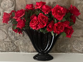 Vintage Haeger Large Black Winged Fan Vase With Faux Roses