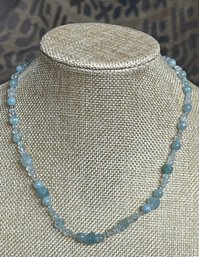 Gorgeous Raw And Round Bead Aquamarine & Sterling Silver 17' Necklace