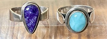 2 Sterling Silver Rings- (1) Charoite Tear Drop Cabochon & (1) Larimar Oval Cabochon - Both Size 11 - 15.4 G