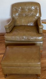 Vintage Ephraim Marsh Concord North Carolina Leather Chair And Ottoman With Wood Legs And Casters