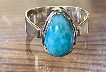 Sterling Silver & Larimar Teardrop Cabochon Ring - Size 12.5 - Total Weight 8 Grams