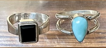 2 Sterling Silver Rings - Larimar Tear Drop Cabochon & Onyx Square Cabochon - Size 10.25-10.5 - 13.5 Grams