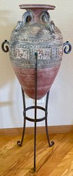 Grecian Style Amphora Pot With Black Metal Stand