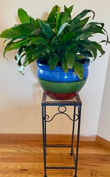 Tile Top And Metal Plant Stand With Pottery Plant Pot And Live Peace Plant