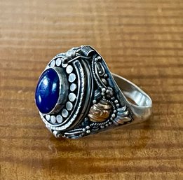 Sterling Silver & Lapis Poison Ring - Hidden Compartment With 18K Gold Accents - Size 8 - Weight 7 Grams