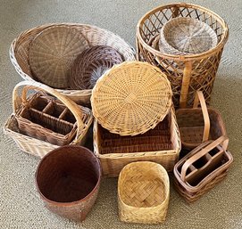 Vintage Basket Lot - Handled Hand Woven, Flat, Organizers, And More