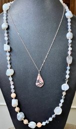 Rhodonite Pendant With Sterling Silver Chain & Blue Lace Agate And Moonstone Bead Necklace