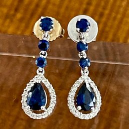 14K White Gold - Sapphire & Diamond Drop Earrings With Appraisal - Total Weight 2.7 Grams
