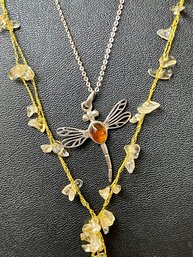 Vintage Sterling Silver Dragonfly Necklace W Amber Body & Gold Woven Wire Necklace W Quartz Chip Beads