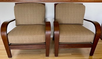 Pair Of Bent Wood And Faux Wicker Occasional Chairs With Tweed Pattern Cushions