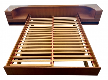 Mid Century Modern Komfort Teak Danish Queen Size Platform Bed Frame - Floating Sides And Drawers