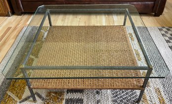 Glass Metal And Faux Wicker Shelf Coffee Table