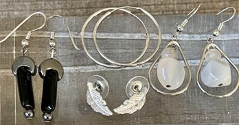 4 Pairs Of Earrings - White Quartz - Hematite - Silver Tone Hoops & Silver Tone Leaf