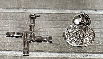 2 Sterling Silver Charms Pendants - Wells Sterling Bell & Small Cross- 4.4 Grams