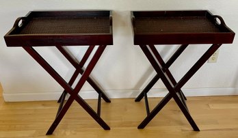 Pair Of Dark Wood Folding Butler Trays With Handled Removeable Trays