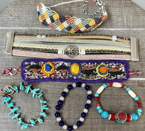 Vintage Bracelet Lot - Turquoise & Copper - Blue Glass Bead - Seed Bead - Leather Tree Of Life - Woven & More