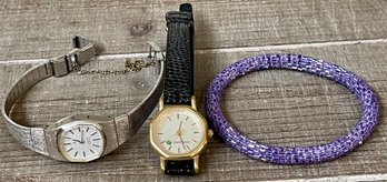 Dowelanco Ladies Watch With Leather Band - Citizen Quart Ladies Watch - Seed Bead Purple Bracelet
