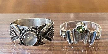 2 Sterling Silver Rings - (1) Peridot Faceted Stone & (1) Moonstone Cabochon Ring - Size 9 - Weight 11.9 Grams