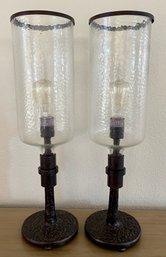 Pair Of Industrial Metal And Resin Base Lamps With Glass Shades And Edison Bulbs