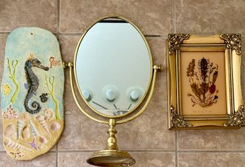 Vintage Decor Lot Potter Seahorse Plaque, Oval Tabletop Mirror And Dried Flower Signed Art Framed
