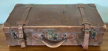 Antique Leather Suitcase With Original Leather Latches, Lock, And Straps