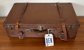 Antique Leather Suitcase With Original Leather Latches, Brass Lock, And Straps