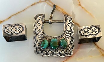 SIgned L Chavez Navajo Stamped Sterling Silver Belt Buckle With Green Turquoise - Total Weight 39.7 Grams